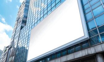 ai generado blanco pantalla bandera Bosquejo desplegado en el moderno edificio fachada. cerca arriba vista. foto