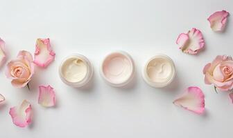 AI generated Three creme jar blank mockups nestled amidst delicate flower petals on a white background photo