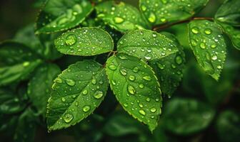 ai generado gotas de lluvia en Fresco verde hojas, cerca arriba ver de primavera verde hojas, naturaleza antecedentes foto