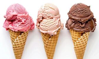 AI generated Neapolitan ice cream cones on white background photo