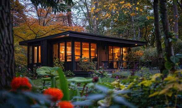 ai generado crepúsculo fundición un calentar resplandor en el exterior de un moderno de madera cabina en medio de el vibrante colores de un primavera jardín muy lleno con flores y follaje foto