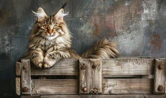 AI generated Maine Coon cat sitting proudly atop a rustic wooden crate photo