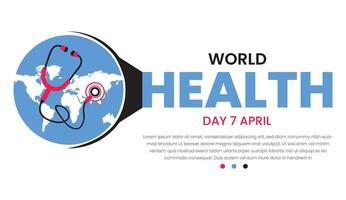 World Health Day banner with stethoscope and world map. Vector illustration.