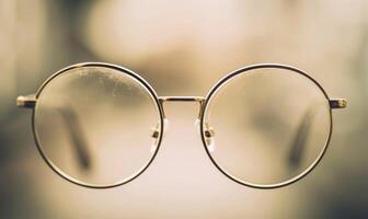AI generated Eyeglasses on the table with bokeh light background. photo