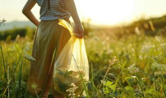 ai generado un persona con un el plastico basura bolso en su manos. ambiente, ecológico problemas. foto