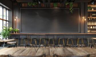 ai generado vacío de madera letrero en un de madera mesa en un café o restaurante foto