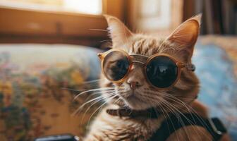 AI generated Cute ginger cat wearing sunglasses with camera and map on background. photo