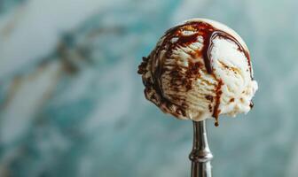 AI generated Ice cream scoop with chocolate syrup swirls closeup view photo