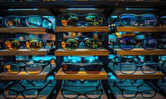 AI generated Glasses on shelf in optics store, closeup. Selective focus photo