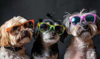 ai generado grupo de perros con Gafas de sol en un negro antecedentes. estudio disparo. foto