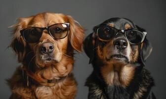 AI generated Two dogs in glasses on a gray background. Close-up. photo