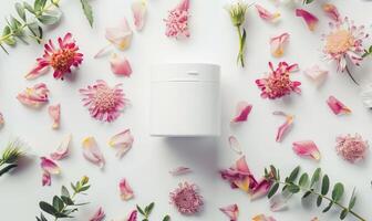 AI generated Blank creme jar mockup with scattered flower petals on a white background, beauty in nature photo