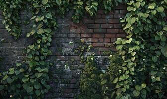 ai generado verde hiedra en el ladrillo muro, Clásico estilo, naturaleza antecedentes foto