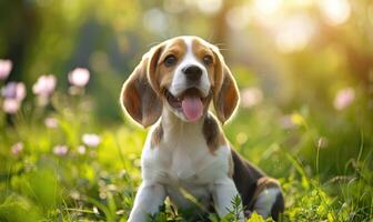 ai generado contento beagle perrito con flexible orejas disfrutando un soleado día en el jardín foto