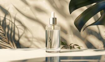 AI generated Frosted glass bottle mockup showcasing a luxurious hydrating facial serum with a sleek modern design photo