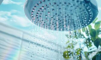 ai generado ducha cabeza con agua gotas y verde plantas en el baño. foto