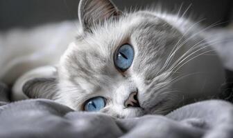 ai generado cerca arriba de un gato con azul ojos. superficial profundidad de campo. foto