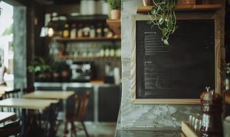 AI generated Empty chalkboard on wooden table in coffee shop. photo