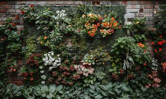 AI generated Beautiful orange roses in the garden on brick wall background with copy space photo