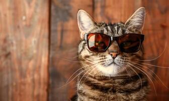 AI generated Portrait of a cat with sunglasses on a wooden wall background. photo