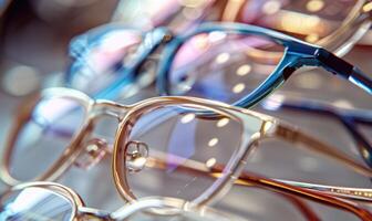 AI generated Closeup of eyeglasses in a shop window. Selective focus. photo