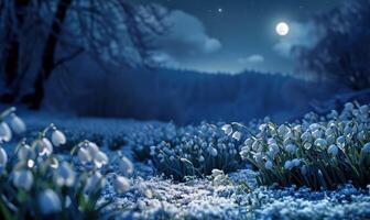 AI generated Snowdrops in a meadow under the moonlight photo