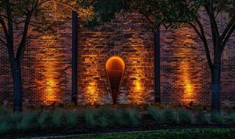 AI generated Lamp on a brick wall with shadows. Vintage lamp on brick wall background. photo