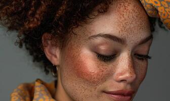 AI generated Close up portrait of a beautiful african american woman with freckles photo