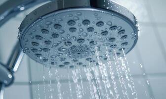 AI generated Shower head with water drops. Shower head with running water photo