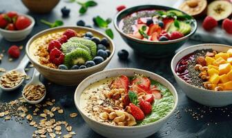 AI generated Healthy breakfast bowls with chia seeds, oatmeal, berries, fruit and nuts. photo