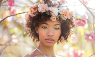 AI generated Portrait of a beautiful young african american woman with flowers in her hair photo
