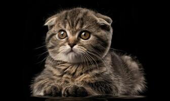 AI generated Portrait of Scottish Fold Cat Looking at Camera on Black Background photo