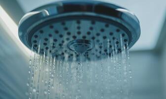 ai generado ducha cabeza con agua gotas en el baño. ducha cabeza con corriendo agua. foto