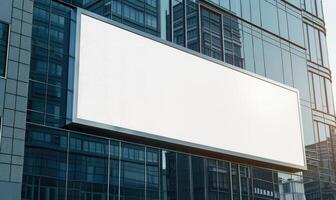 AI generated Blank screen banner mockup displayed on the modern building facade. Close Up view. photo