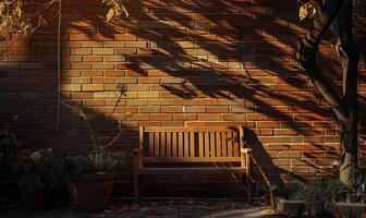 AI generated Wooden bench in front of a brick wall in the garden. photo