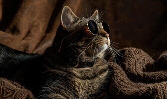 ai generado retrato de un atigrado gato con Gafas de sol en un marrón antecedentes foto