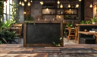 AI generated Empty wooden board on table in cafe, closeup. Space for text. Mock up for menu or design photo