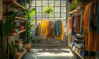 ai generado de moda ropa colgando en un tienda con flores y plantas. foto