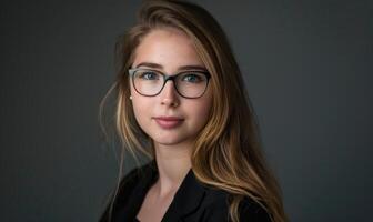 AI generated Portrait of a beautiful girl with glasses on a dark background. photo