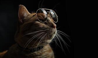 AI generated Close up of a cat wearing sunglasses on black background with copy space photo