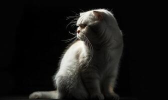 AI generated Studio portrait of a regal white Scottish Fold cat on a dark background, space for text photo