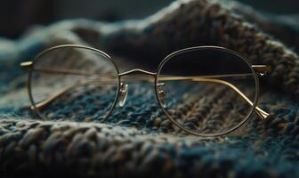 AI generated Eyeglasses on the background of a knitted scarf. Selective focus. photo