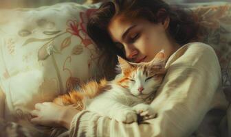 AI generated Beautiful young woman sleeping with cat on the sofa in the morning photo