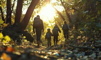 AI generated Family hiking in the autumn forest. Mother, father and children hiking in nature. photo