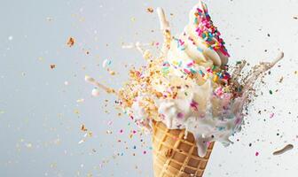 AI generated Ice cream cone explosion on white background photo