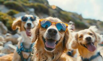 AI generated Golden Retriever dogs in sunglasses on the beach. Dogs in sunglasses. Travel and tourism photo