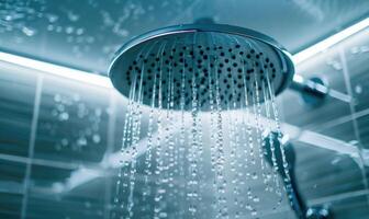 AI generated Shower head in modern bathroom with blurred bokeh background. photo