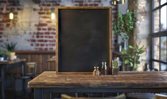 AI generated Blank photo frame on wooden table in cafe. Mockup for design