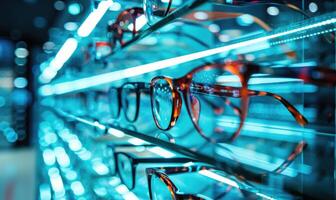 AI generated Glasses on shelf in optics store, closeup view. Optics shop photo