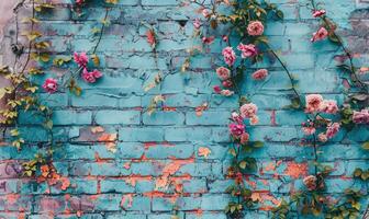 ai generado vistoso rosas en azul ladrillo muro, Clásico color tono estilo. foto